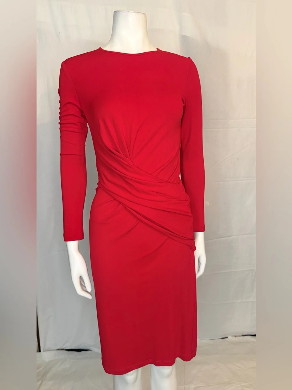 Michael Kors Red Long-Sleeve Draped Waist Midi Dress